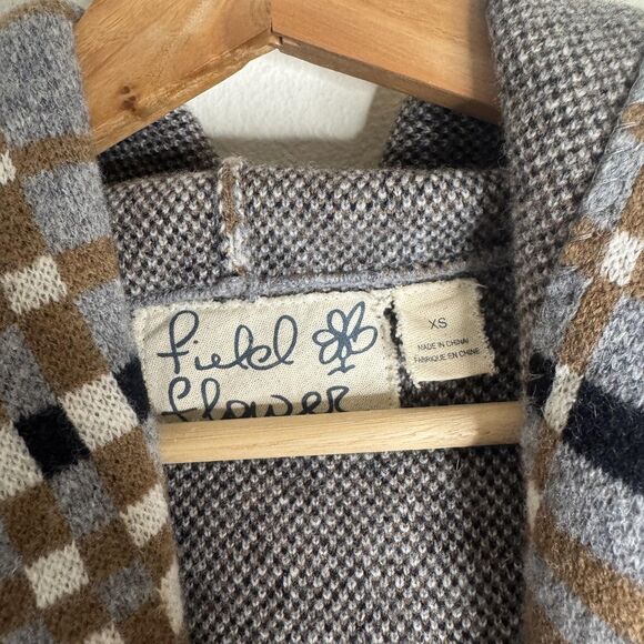 Field Flower Coat Womens XS S Brown Gray Plaid 100% Wool Hooded Jacket Pockets - Picture 5 of 13
